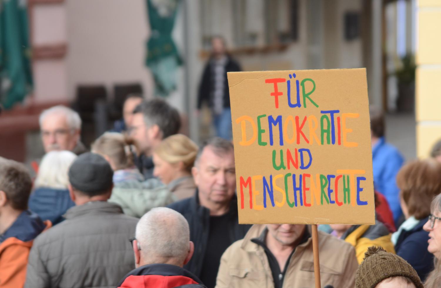 Menschen auf einer Demo. Auf einem Demoplakat steht in bunter Schrift: Für Demokratie und Menschenrechte
